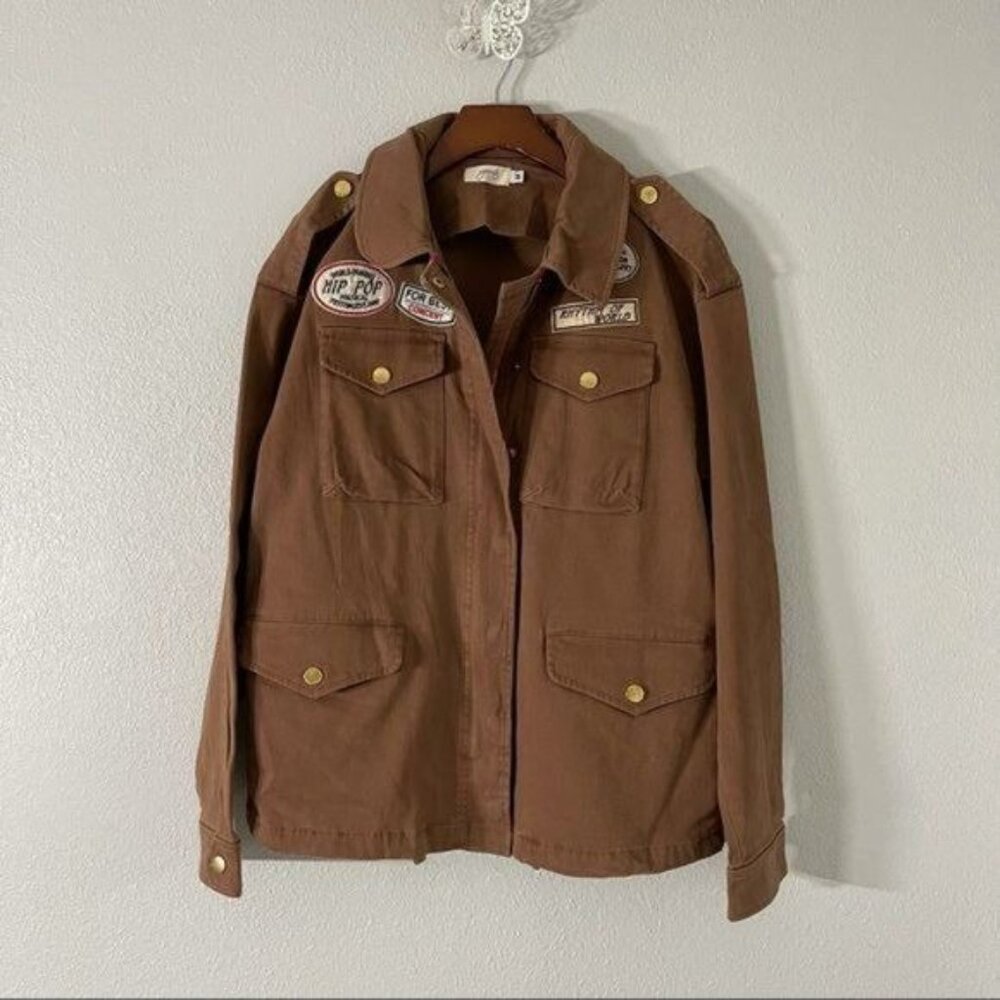 Brown Oversized Jean Jacket with Patches Zipper & Snap Button Closure Size M - Picture 6 of 11
